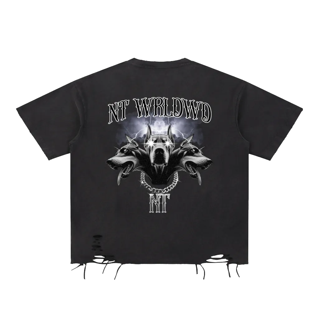 NTWRLDWD Hell Hound Snow Washed Raw-Hem T-Shirt