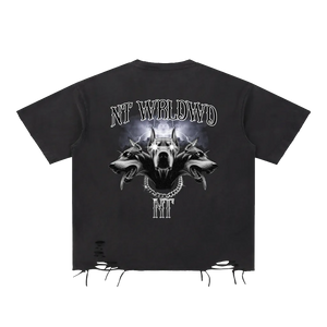 NTWRLDWD Hell Hound Snow Washed Raw-Hem T-Shirt